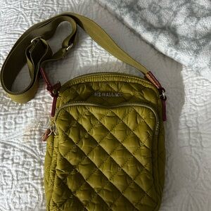MZ Wallace Diamond-Quilted Mustard Crossbody with Burgundy Zips